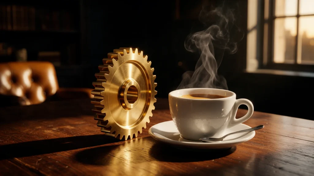 Engranaje de latón junto a una taza de café