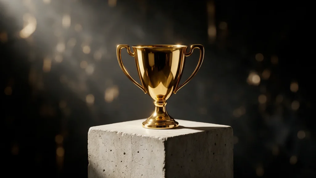 Copa trofeo dorada sobre un pedestal de hormigón