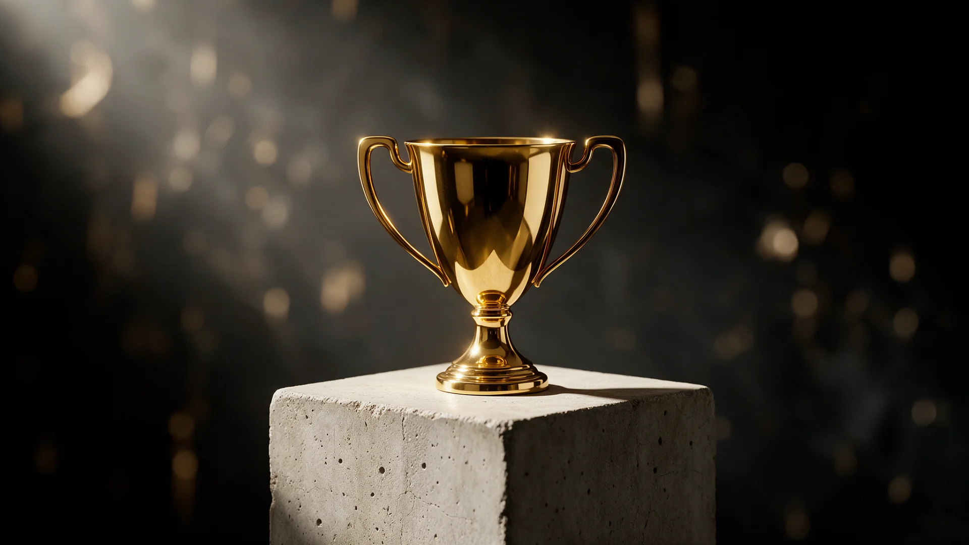Copa trofeo dorada sobre un pedestal de hormigón