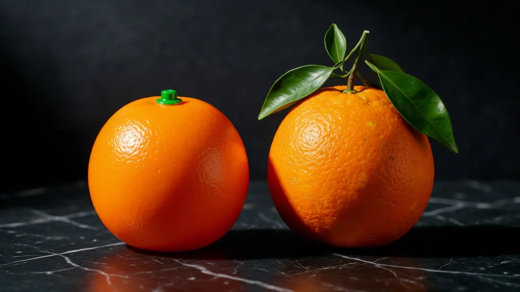 Una naranja de plástico junto a una naranja real con hojas