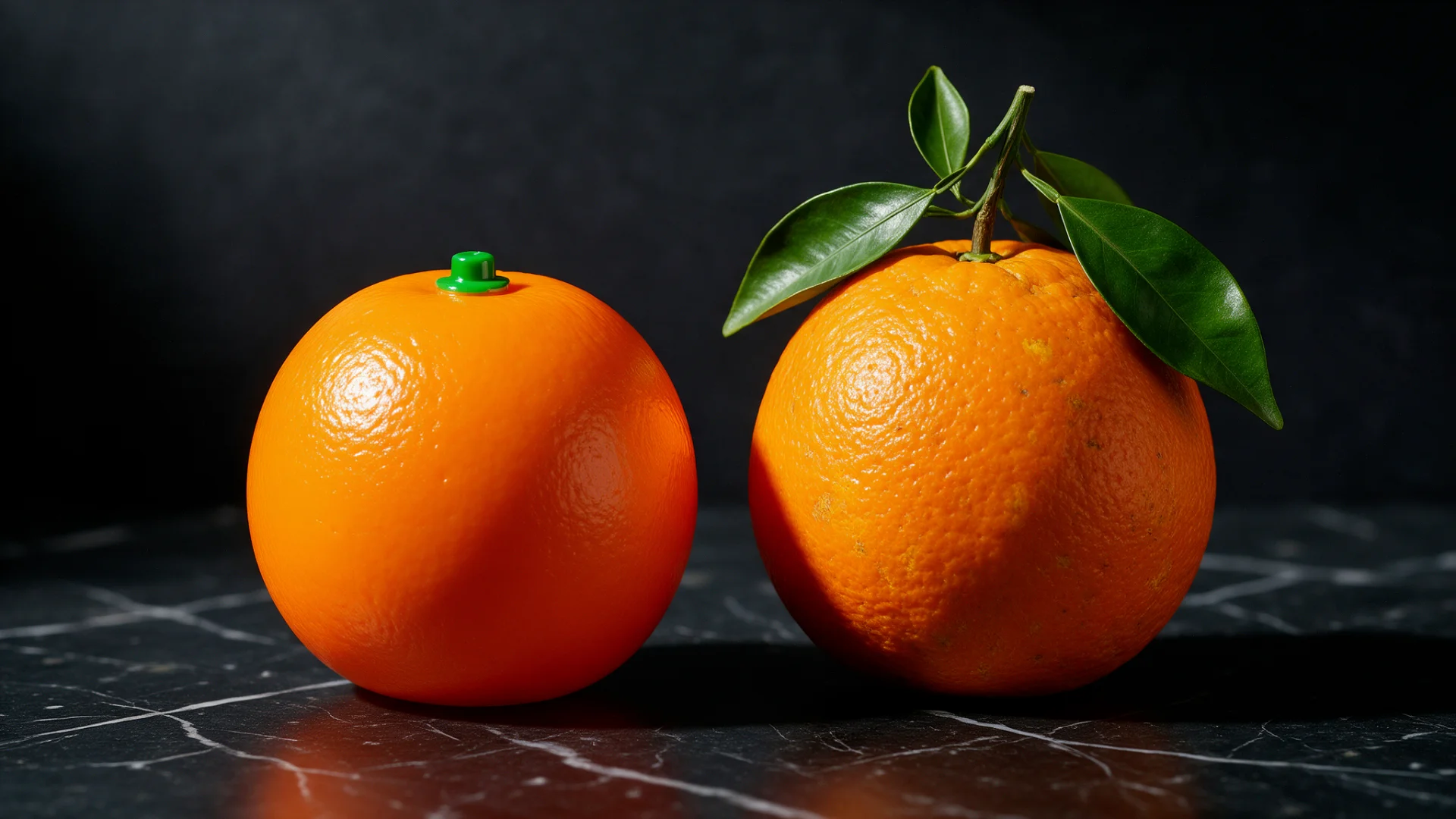Una naranja de plástico junto a una naranja real con hojas