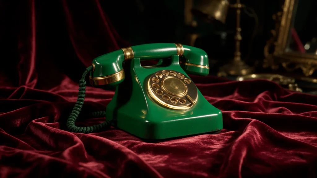 Teléfono de disco vintage verde sobre terciopelo
