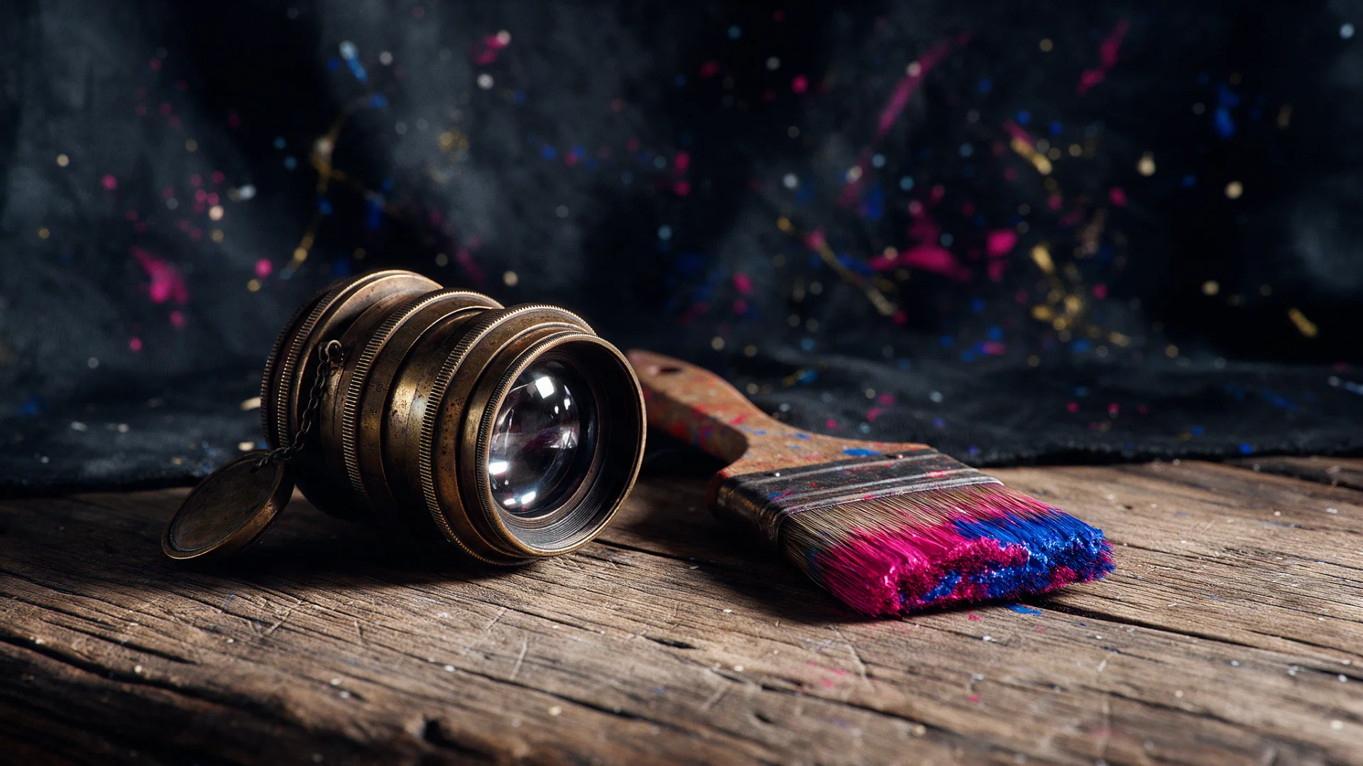 Objetivo de cámara vintage junto a un pincel con pintura magenta y azul