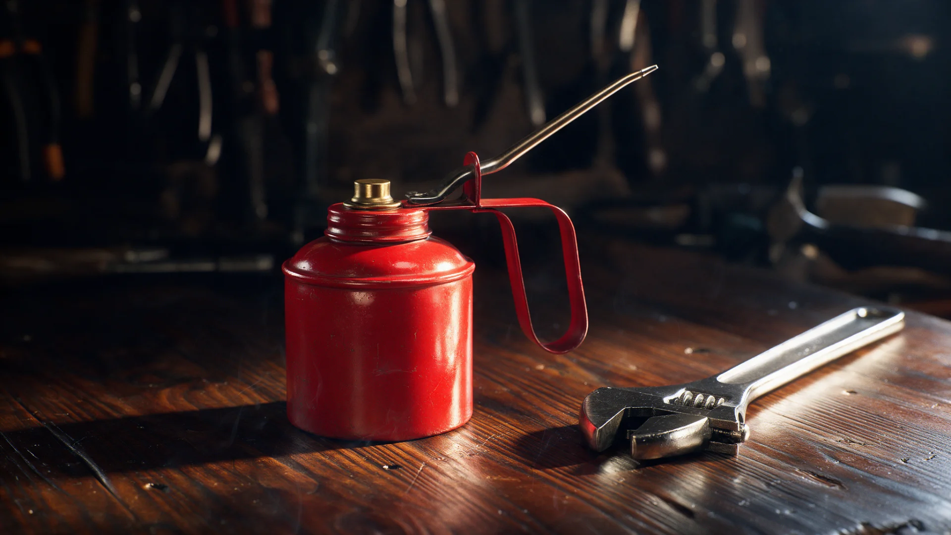 Aceitera roja vintage y llave inglesa sobre un banco de trabajo