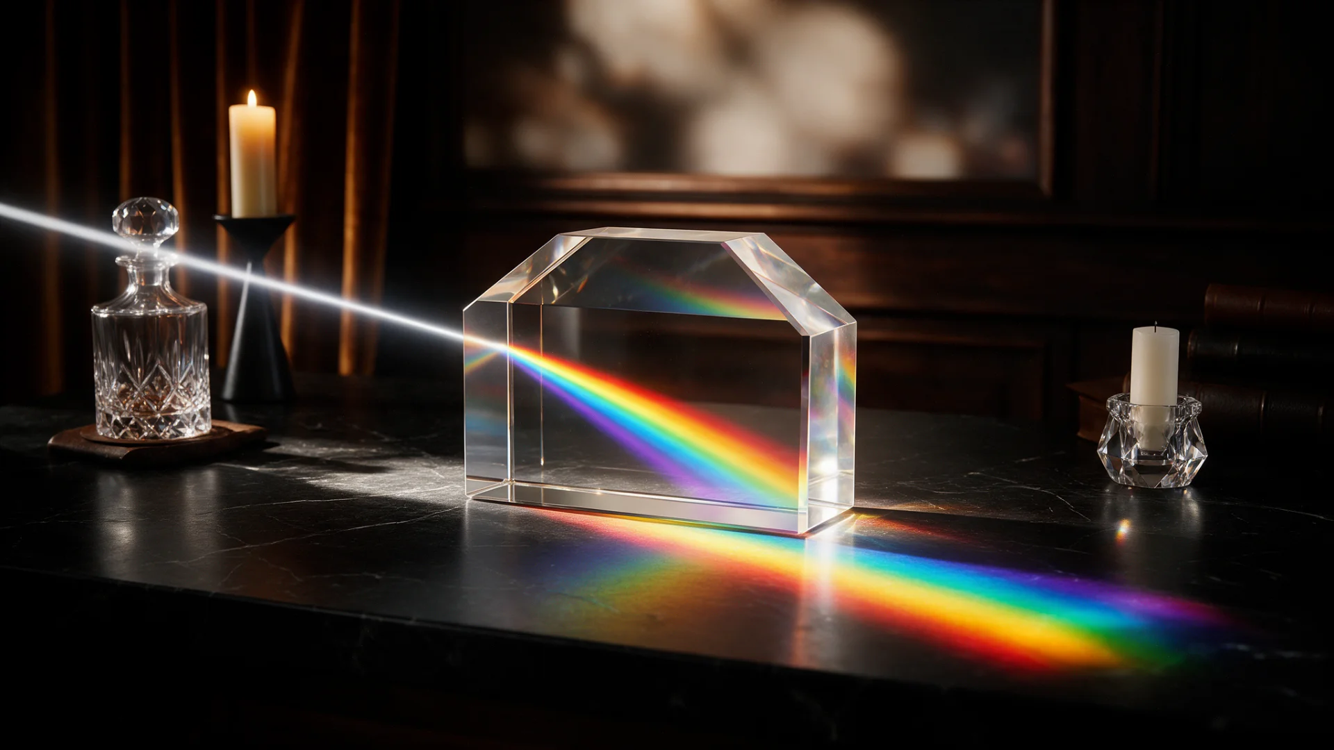 Prisma de cristal que descompone la luz en un arcoíris